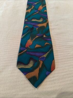 J. Garcia Teal Abstract Pattern Men's Tie with Purple and Tan Accents